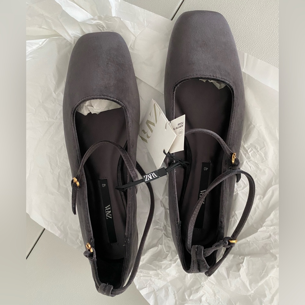 Zara Gray Velvet Ballet Flats shoes Buckle Strap Mary Jane Square size 9 40 NWT - Picture 8 of 12
